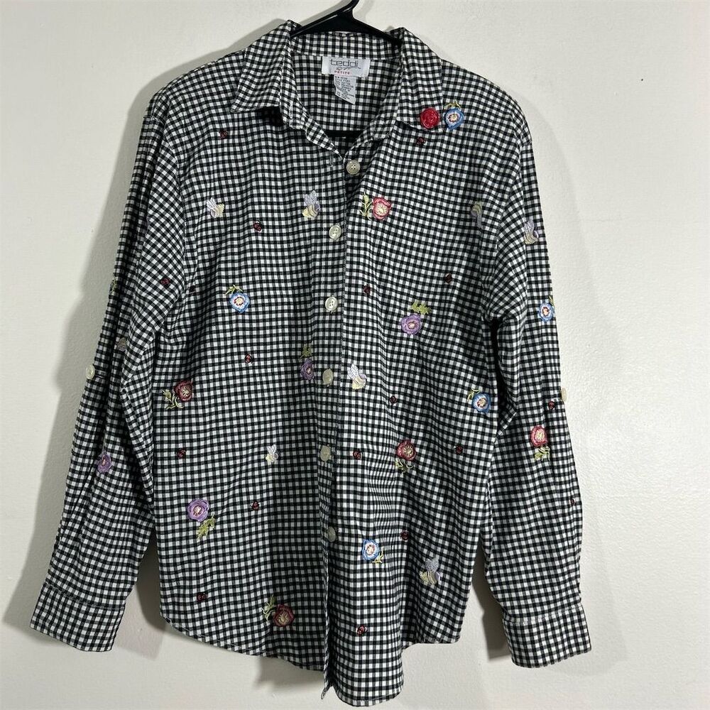 Vintage Teddi Women's PM Black Floral Embroidered Button-Up Shirt‎